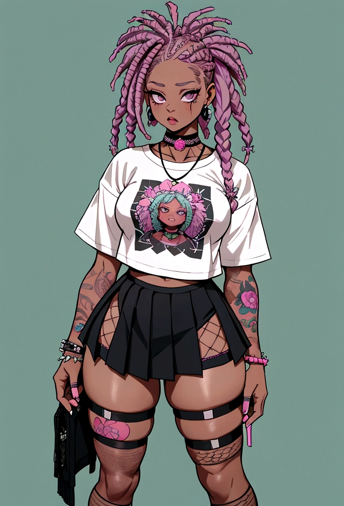 punk afro chubby girl with long freeform braided pastel violet colored locs hairstyle and hairy legs)) (wearing cropped punk T-shirt and pleated skirt with fishnet stockings), plump thighs and soft big jiggly butt, (wearing diamond choker necklace), (cannabis flower tattoos on arms and legs), plump legs

