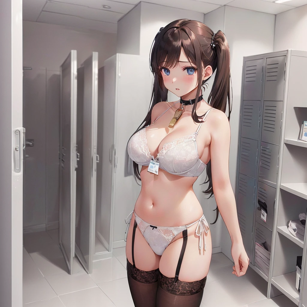 ((下着姿の女性はセクシーにOffice Changing Roomで着替えている:1.4), ((Highest quality)), (Very detailedな), (Very detailed CG 統合 8k 壁紙), Very detailed, High resolution raw color photos, Professional photography, Brown Hair, Twin tails, Great face and eyes, Beautiful and large breasts, Slender body, (Stunningly beautiful woman), (Beautiful and detailed eyes:1.3), (Detailed face:1.2),(Office Changing Room, Many women are changing in the changing room, There are lockers in the changing room.:1.3), (White fabric decorated with black lace、White stylish lingerie), , (White bra with black lace on white fabric.), ((Stylish white satin side-tie panties with luxurious embellishment), (White panties with black lace on white fabric)), garter belt, Knee socks, Exact number of arms, Exact number of legs, Perfect Anatomy, (Embarrassed expression, Surprised expression), Angle from the front, (Employee ID card around the neck:1.3), (Office Lady Clothes, Half naked)