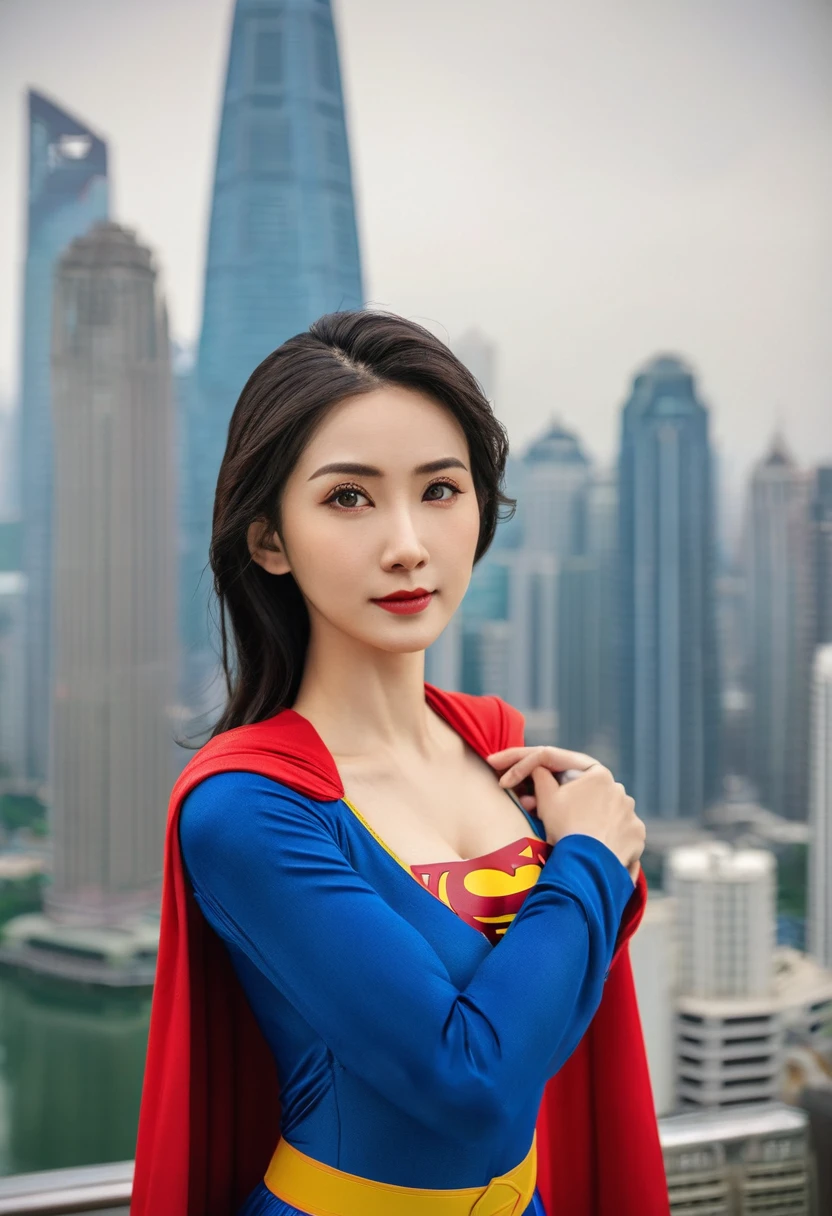 a close up of a asia woman in a superman costume standing on a cityscape, amouranth as a super villain, super photo realistic, realistic cosplay, super photo-realistic, ultra mega super hyper realistic, super-hero girl, super realistic photo, superhero body, highly detailed giantess shot, supergirl, superhero, superhero portrait, super model, super hero, super photorealistic, gigantic breasts, showing Vulvas muscular body, sexy body,