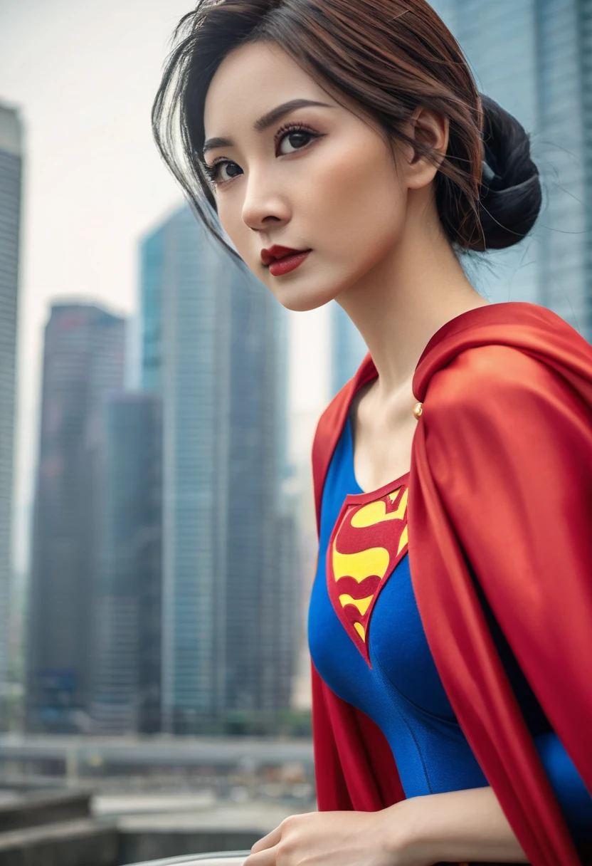 a close up of a asia woman in a superman costume standing on a cityscape, amouranth as a super villain, super photo realistic, realistic cosplay, super photo-realistic, ultra mega super hyper realistic, super-hero girl, super realistic photo, superhero body, highly detailed giantess shot, supergirl, superhero, superhero portrait, super model, super hero, super photorealistic, gigantic breasts, showing Vulvas muscular body, sexy body,