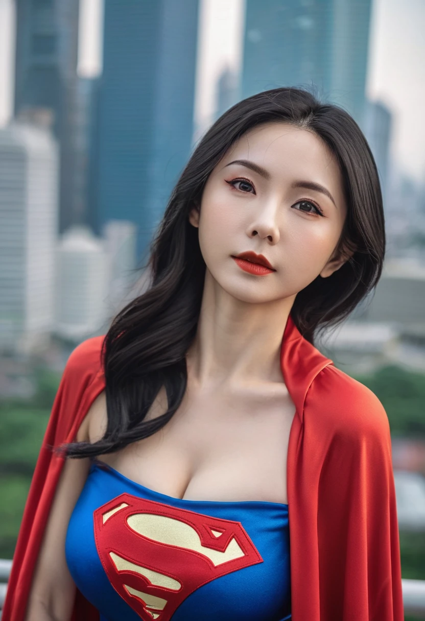 a close up of a asia woman in a superman costume standing on a cityscape, amouranth as a super villain, super photo realistic, realistic cosplay, super photo-realistic, ultra mega super hyper realistic, super-hero girl, super realistic photo, superhero body, highly detailed giantess shot, supergirl, superhero, superhero portrait, super model, super hero, super photorealistic, gigantic breasts, showing Vulvas muscular body, sexy body,