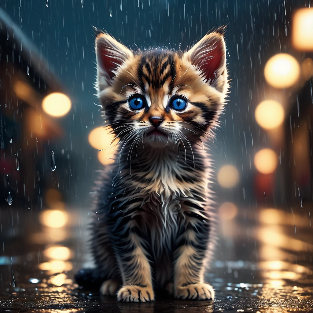 a small kitten standing alone in the pouring rain, desperate and hopeless, its thin body drenched, its eyes empty and numb, trembling shoulders, closed eyes, surrounded by a blurry, indifferent world, overwhelmed by despair and darkness, (best quality,4k,8k,highres,masterpiece:1.2),ultra-detailed,(realistic,photorealistic,photo-realistic:1.37),HDR,UHD,studio lighting,extremely detailed eyes and face,longeyelashes,beautiful detailed eyes,beautiful detailed lips,animal portrait,dynamic pose,moody lighting,cold color tones,rain effects,gloomy atmosphere