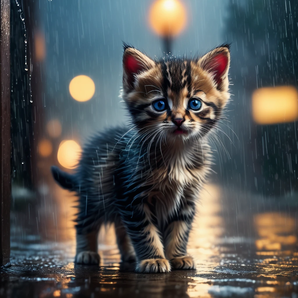 a small kitten standing alone in the pouring rain, desperate and hopeless, its thin body drenched, its eyes empty and numb, trembling shoulders, closed eyes, surrounded by a blurry, indifferent world, overwhelmed by despair and darkness, (best quality,4k,8k,highres,masterpiece:1.2),ultra-detailed,(realistic,photorealistic,photo-realistic:1.37),HDR,UHD,studio lighting,extremely detailed eyes and face,longeyelashes,beautiful detailed eyes,beautiful detailed lips,animal portrait,dynamic pose,moody lighting,cold color tones,rain effects,gloomy atmosphere
