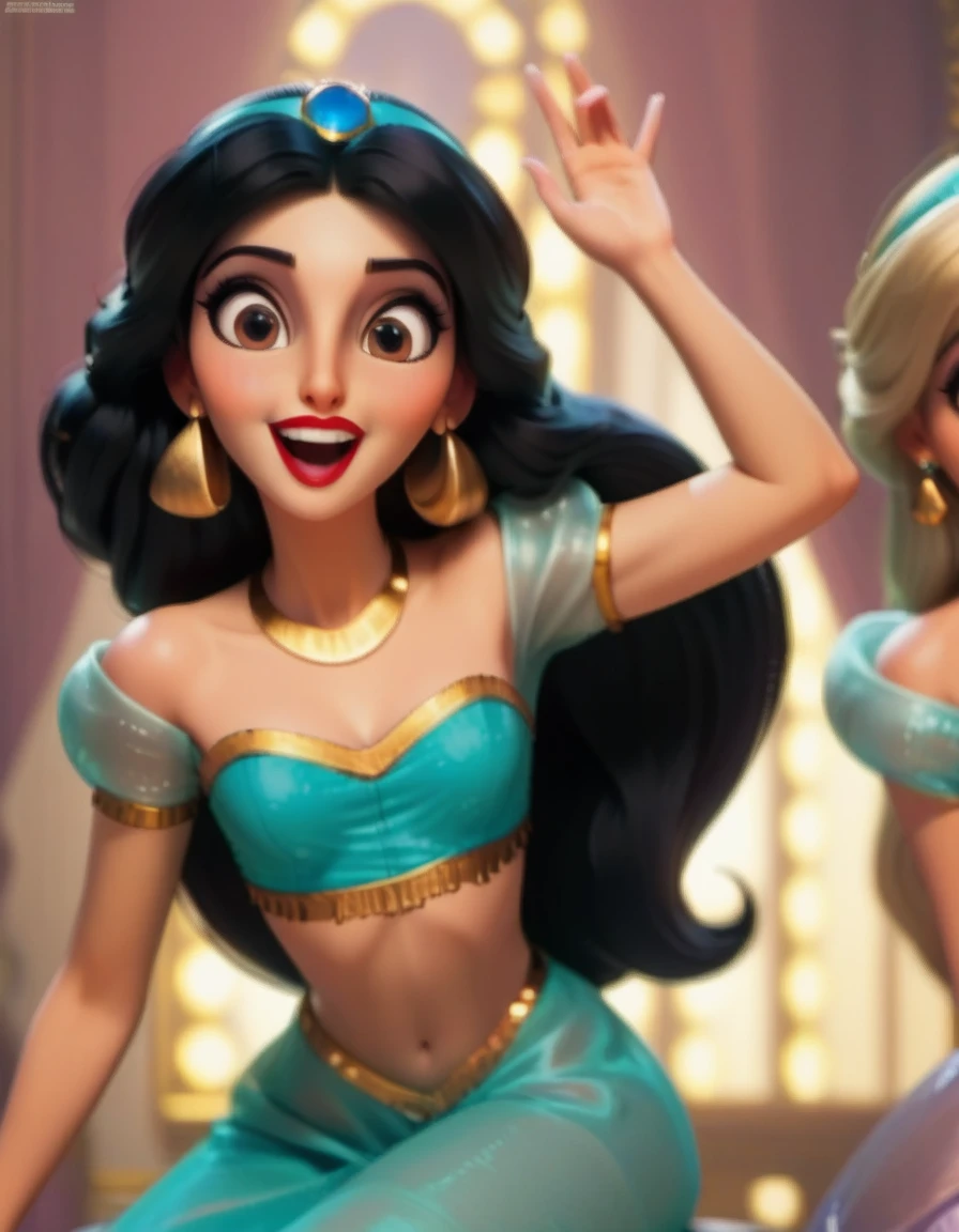 Disney style, Belle with princess_jasmine laughing together, happy