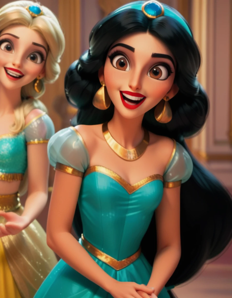 Disney style, Belle with princess_jasmine laughing together, happy