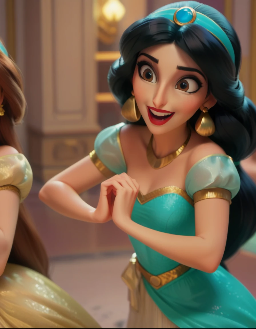 Disney style, Belle with princess_jasmine laughing together, happy