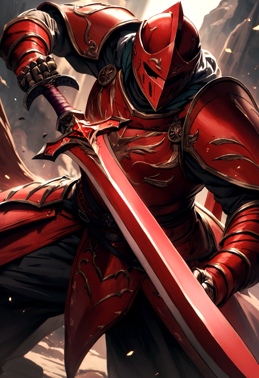 Knight worn from fighting,wearing a helmet with a feather that shines crimson red,While wielding a curved sword and shield, he is ready to unleash a devastating attack on his enemy.