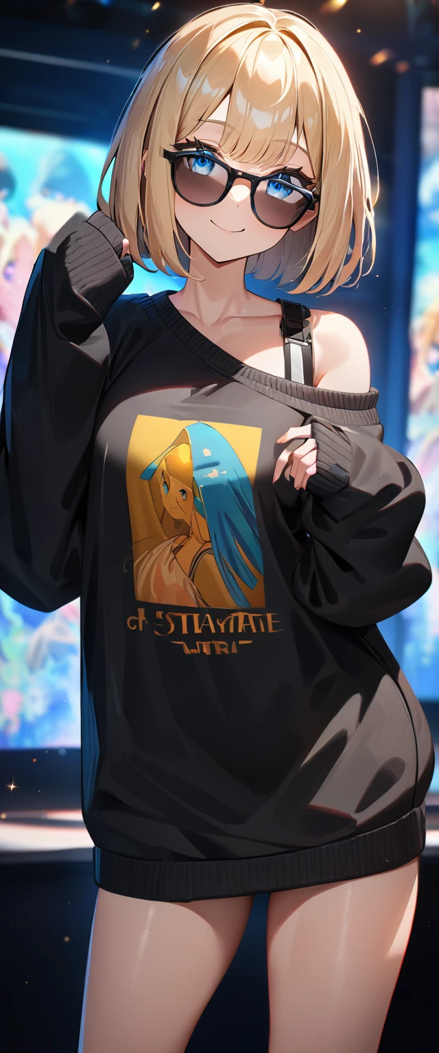 (((One girl))), blond hair, ((sunglasses, hand to sunglasses)), ((bob cut:1.3)), breasts, cleavage, (cowboy shot), standard body, (looking at viewer), oversized clothes, puffy long sleeves, collarbone, ((off-shoulder knit sweater dress:1.3, Quite thick shoulder straps)), (((sleeves past wrists:1.3))), ((black sweater)), teenager, head tilt:1.3, (((blue eye))), ((happy smile)), (((anime style))), (best quality, 4k, 8k, highres, masterpiece:1.2, ultra-detailed, ultra-detailed eyes, HDR, UHD, studio lighting, ultra-fine painting, sharp focus, physically-based rendering, extreme detail description, professional, vivid colors, bokeh), ((Highest quality, Best image quality, Ultra-high resolution, Ultra-high resolution, solo, Strong eye highlights)), Depth of written boundary, Natural soft light, attractive, Beautiful Face, Cleanliness, Pure Face, nedium chest, Beautiful Face, Perfect Fingers, Perfect hands, Perfect body, Perfect Face, Shine a light into your eyes, Perfect Anatomy