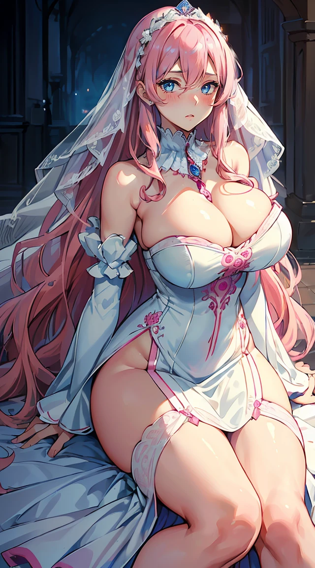 handsome girl,blue-eyes,blue pupils,Long pink hair,Hyperresolution,accuracy,Detailed rendering,(Subtle facial image)(Image of fine hair)(topquality)(Masterpieces of masters)(High degree of completeness)(A sense of atmosphere)tmasterpiece,Super detailed and super detailed(half-body portrait), long wavy pink hair, (((tHICK WAVY HAIR)))(((ANKLE LENGTH HAIR)))(((Blushing)))(((Huge breasts)))(((LARGER BREASTS))) large breasts, bigger breasts (((Bigger breasts))) (((Blushing))) (((Sakimichan))) (((Pink hair))) (((Brideal dress))) (((Bride))) (((White bride))) (((Long bride dress))) (((Traditional bride)))