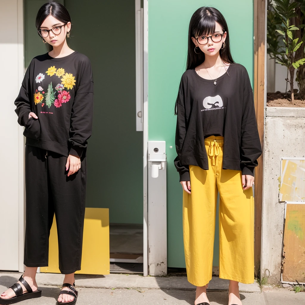 Black hair glasses flower shirt black pants green flip-flops red nails yellow earrings tied hair thick nose