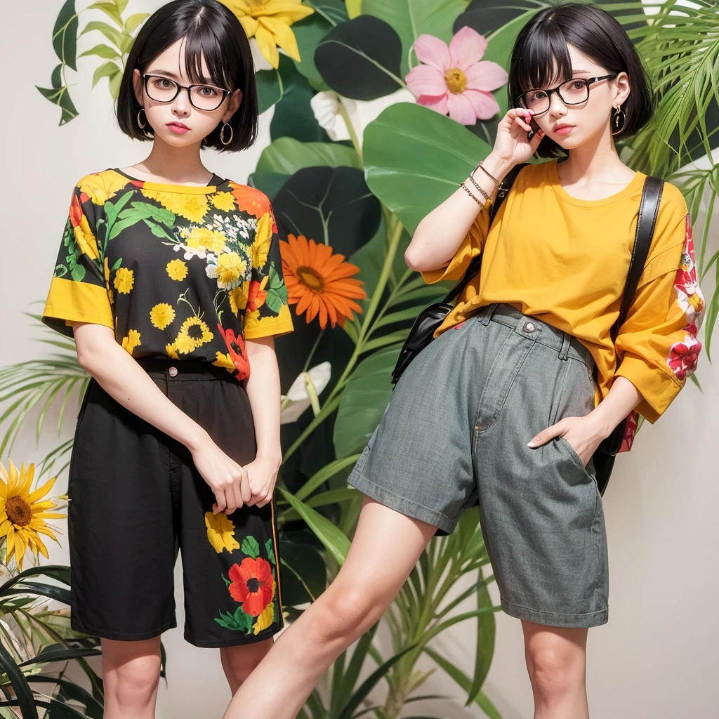 Black hair glasses flower shirt black pants green flip-flops red nails yellow earrings tied hair thick nose