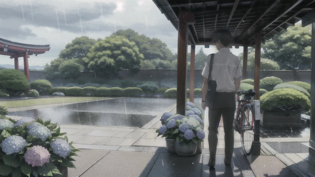 ((Highest quality)), ((masterpiece)), (detailed), Highest quality、High resolution、8K、male、male子学生、、soaked、bicycleを全力で漕いでいる、bicycleに乗っている、Very cloudy sky、Shower、Japan、Urban park、bicycle、White short sleeve shirt、Black trousers、bicycleに乗ったJapanの学生服を着たmale子学生の後ろ姿、Heavy downpour、Standing surrounded by hydrangeas、Japanのアニメのような画風、超High resolutionかわいい萌えアニメ8k