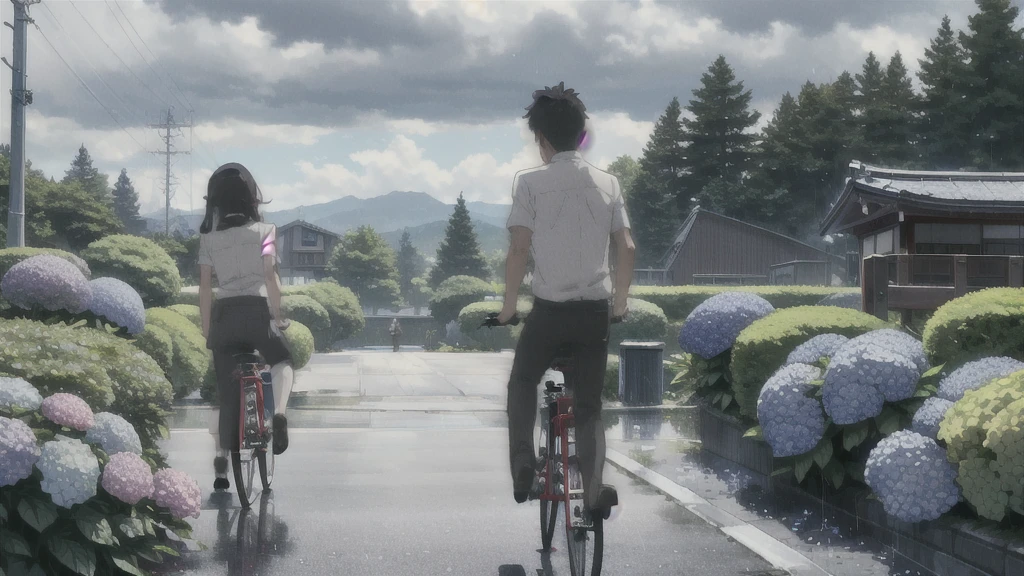 ((Highest quality)), ((masterpiece)), (detailed), Highest quality、High resolution、8K、male、male子学生、17 years old、soaked、bicycleを全力で漕いでいる、bicycleに乗っている、Very cloudy sky、Shower、Japan、Urban park、bicycle、White short sleeve shirt、Black trousers、bicycleに乗ったJapanの学生服を着たmale子学生の後ろ姿、Heavy downpour、Standing surrounded by hydrangeas、Japanのアニメのような画風、超High resolutionかわいい萌えアニメ8k