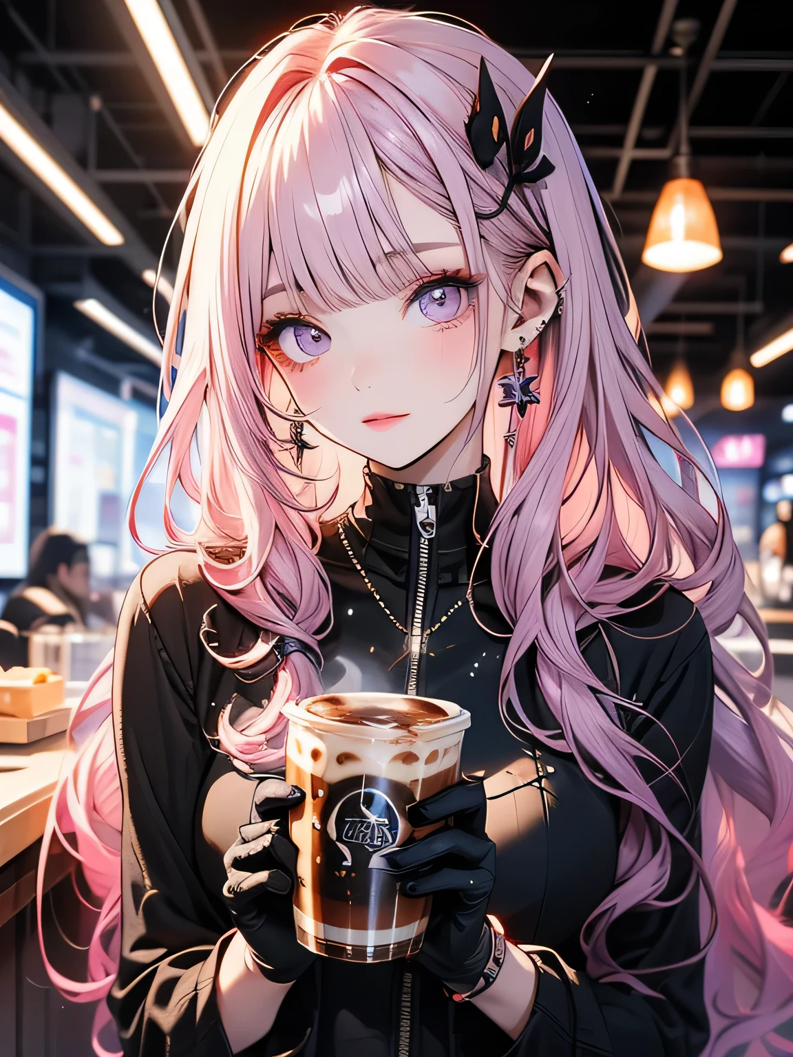 Futuristic Girl,  Purple eyes, space, Pink Hair, Long Hair,  Futuristic Coffee Shop,One girl,Beautiful attention to detail, Detailed face, cute,