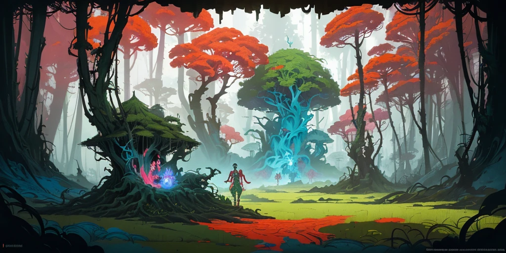 lush surreal forest constructs, mixed media, a fantasy magic designed, vivid colours, cryptic, mystical, pop surrealism by james jean, roby dwi antono, ross tran, steven kenny, paul neberra, ashley wood, atmospheric, trending on artstation, 8 k masterpiece