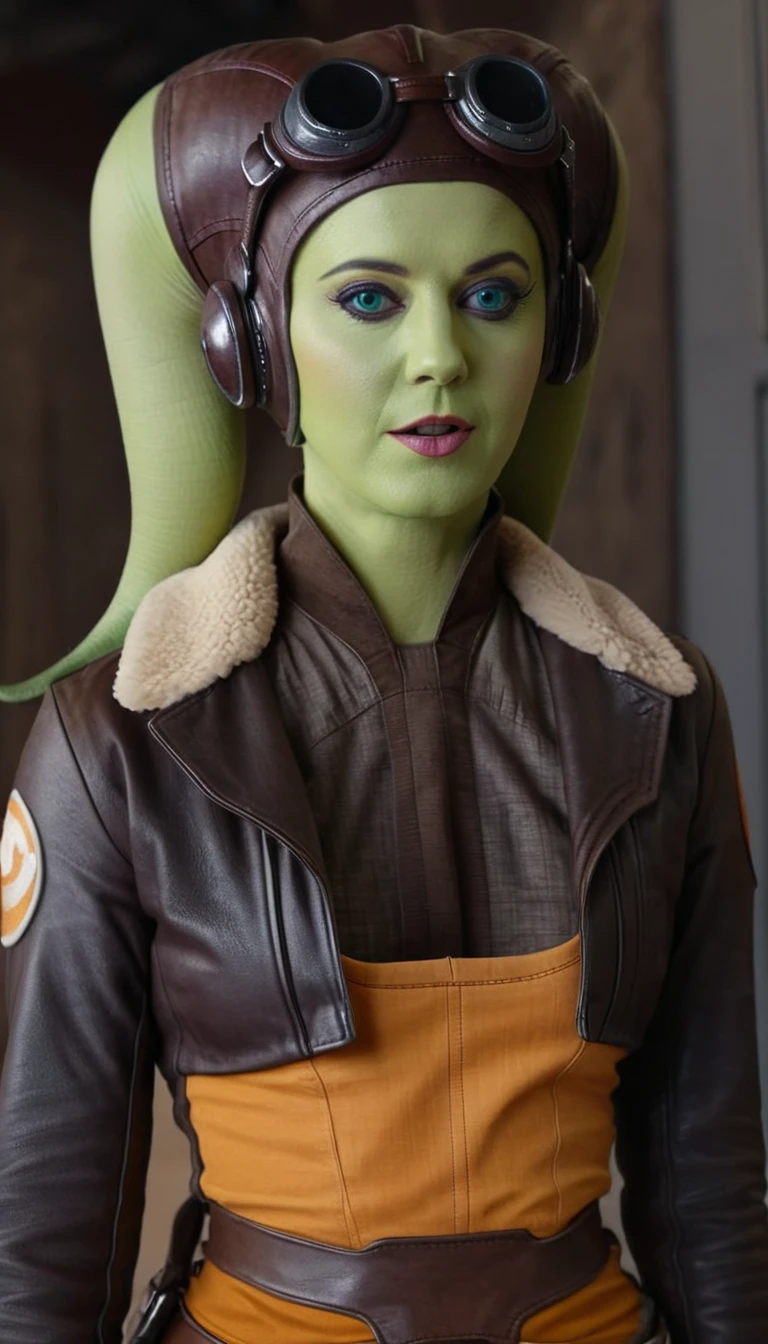 A beautiful, sensual green-skinned woman, Hera Syndulla, nude , (detailed realistic,4k,highres,masterpiece:1.2), (NO JACKET), cinematic lighting, dramatic shadows, intricate anatomy, flawless skin, mesmerizing gaze, dynamic pose, star wars imperial logo tattoos ON STOMACH
