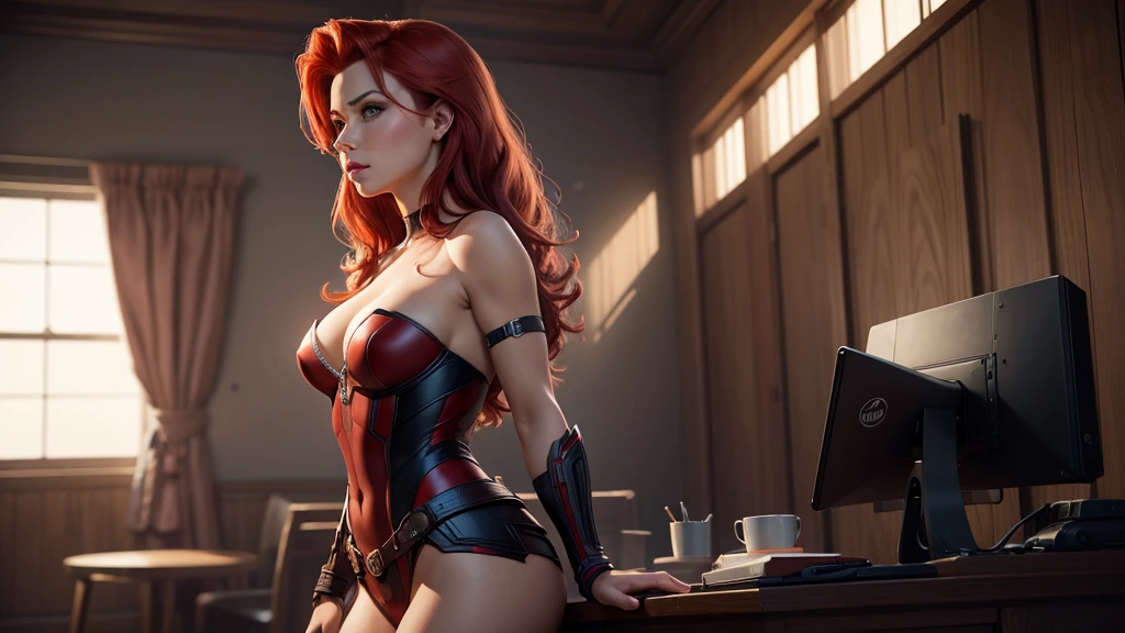 (Masterpiece artwork), (best qualityer), (photorrealistic:1.3), 8K, detailed skin texture, detailed fabric texture, Beautiful breasts, side profile , sexly, details Intricate, ultra detaild ,Ariel disney, Black Widow in the style of Captain America, pure red hair, (fully body: 1.2)
