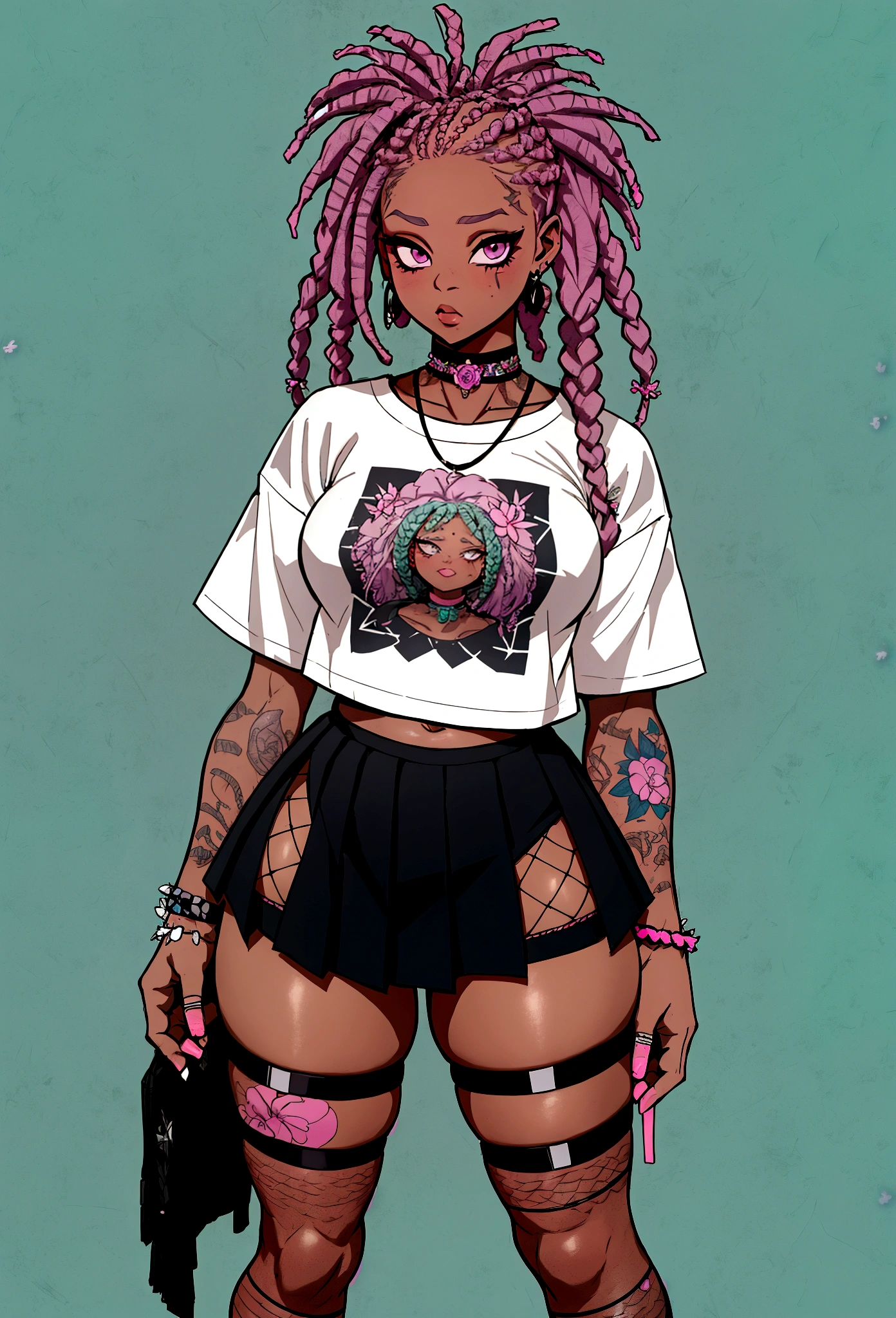 punk afro chubby girl with long freeform braided pastel violet colored locs hairstyle and hairy legs)) (wearing cropped punk T-shirt and pleated skirt with fishnet stockings), plump thighs and soft big jiggly butt, (wearing diamond choker necklace), (cannabis flower tattoos on arms and legs), plump legs
