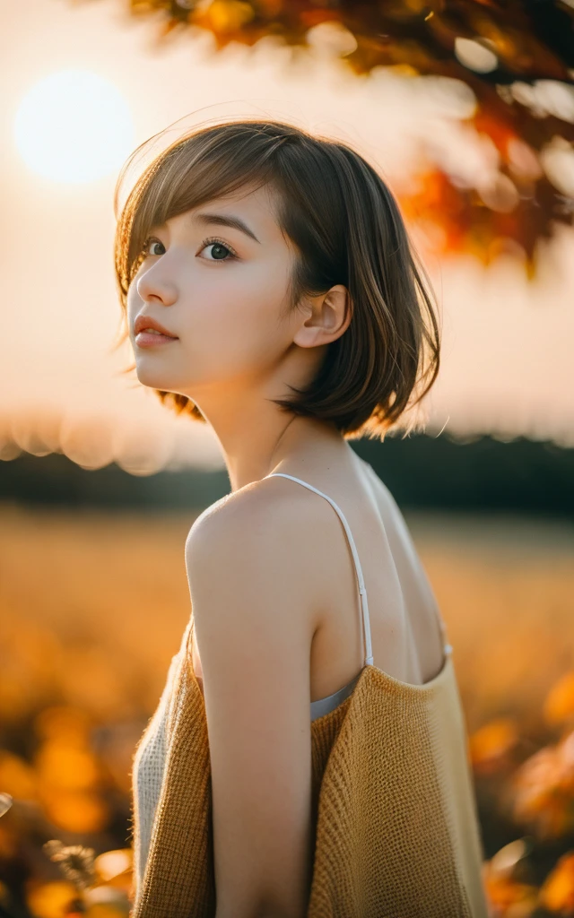 masutepiece, Best Quality, 8K, 1 girl, Located on a hill with a beautiful sunset sky, 16 yo, medium breasts, Open your mouth and say something, cute little, Solo, sad, Autumn costume, Cute, Girly, Delicate girl, Neat and clean beauty, Raw photo, Professional Photography, Portrait, Soft light, Professional Lighting, Back lighting, Upper body, look forward to your eyes, Sophisticated, Film grain, (Eyes and faces with detailed:1.0), Short hair swaying in the wind, beautiful flowing brown hair,
