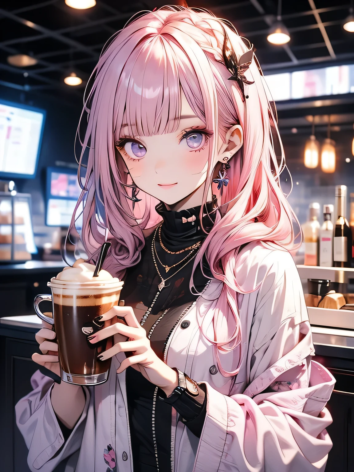 Futuristic Girl, Purple eyes, space, Pink Hair, Long Hair, Futuristic Coffee Shop,One girl,Beautiful attention to detail, Detailed face, cute,