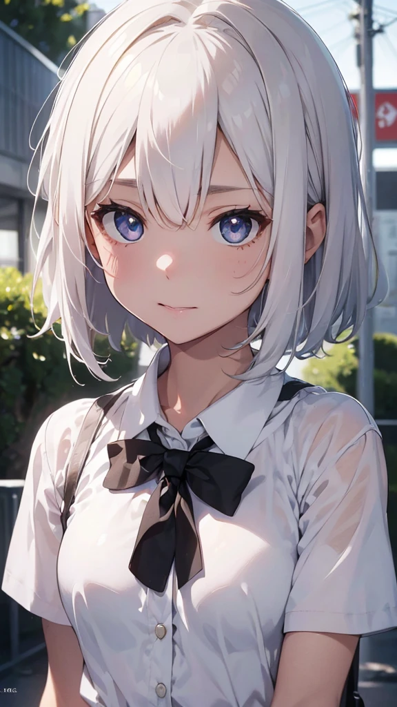 (hyperrealistic), (8K), (extremely detailed), (best illustration), (beautiful detailed eyes), (best quality), (ultra-detailed), (masterpiece), (wallpaper), (detailed face), solo, 1 girl, one-hour drawing challenge, wet sweat, (school uniform:1.3), looking at the audience, exquisite details, detailed faces, ,pureerosfaceace_ v1, 1 girl, megami magazine, white hair, short hair