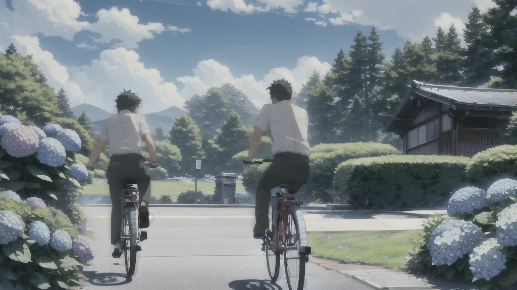 ((Highest quality)), ((masterpiece)), (detailed), Highest quality、High resolution、8K、male、male子学生、17 years old、soaked、bicycleを全力で漕いでいる、bicycleに乗っている、Very cloudy sky、Shower、Japan、Urban park、bicycle、White short sleeve shirt、Black trousers、bicycleに乗ったJapanの学生服を着たmale子学生の後ろ姿、Heavy downpour、Standing surrounded by hydrangeas、Japanのアニメのような画風、超High resolutionかわいい萌えアニメ8k