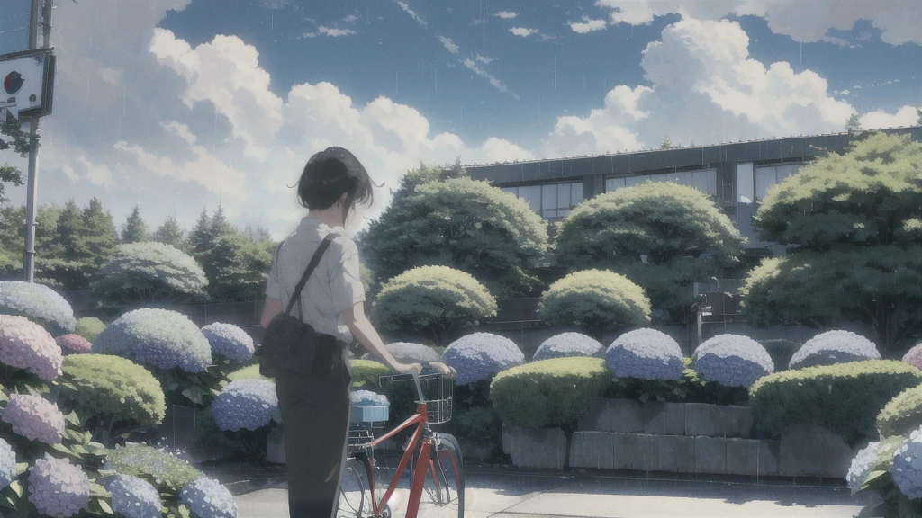 ((Highest quality)), ((masterpiece)), (detailed), Highest quality、High resolution、8K、male、male子学生、17 years old、soaked、bicycleを全力で漕いでいる、bicycleに乗っている、Very cloudy sky、Shower、Japan、Urban park、bicycle、White short sleeve shirt、Black trousers、bicycleに乗ったJapanの学生服を着たmale子学生の後ろ姿、Heavy downpour、Standing surrounded by hydrangeas、Japanのアニメのような画風、超High resolutionかわいい萌えアニメ8k