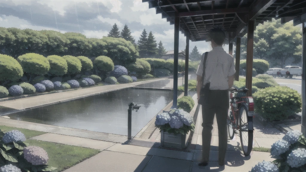 ((Highest quality)), ((masterpiece)), (detailed), Highest quality、High resolution、8K、male、male子学生、17 years old、soaked、bicycleを全力で漕いでいる、bicycleに乗っている、Very cloudy sky、Shower、Japan、Urban park、bicycle、White short sleeve shirt、Black trousers、bicycleに乗ったJapanの学生服を着たmale子学生の後ろ姿、Heavy downpour、Standing surrounded by hydrangeas、Japanのアニメのような画風、超High resolutionかわいい萌えアニメ8k