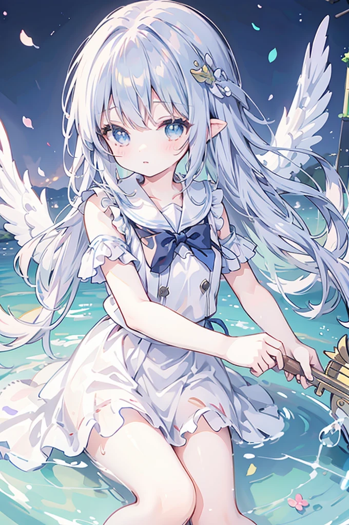 mermaidモチーフのMagical girl、Highest quality、Loriータ、Confused eyes、、small、、Young Girl、Water Manipulation Magic、水を司るMagical girl、beautiful girl、cute、Full-body portrait、light blue、Have a koto、Playing the lyre、Clear eyes、pose、Magic Exerciseermaid、Magical girl、front