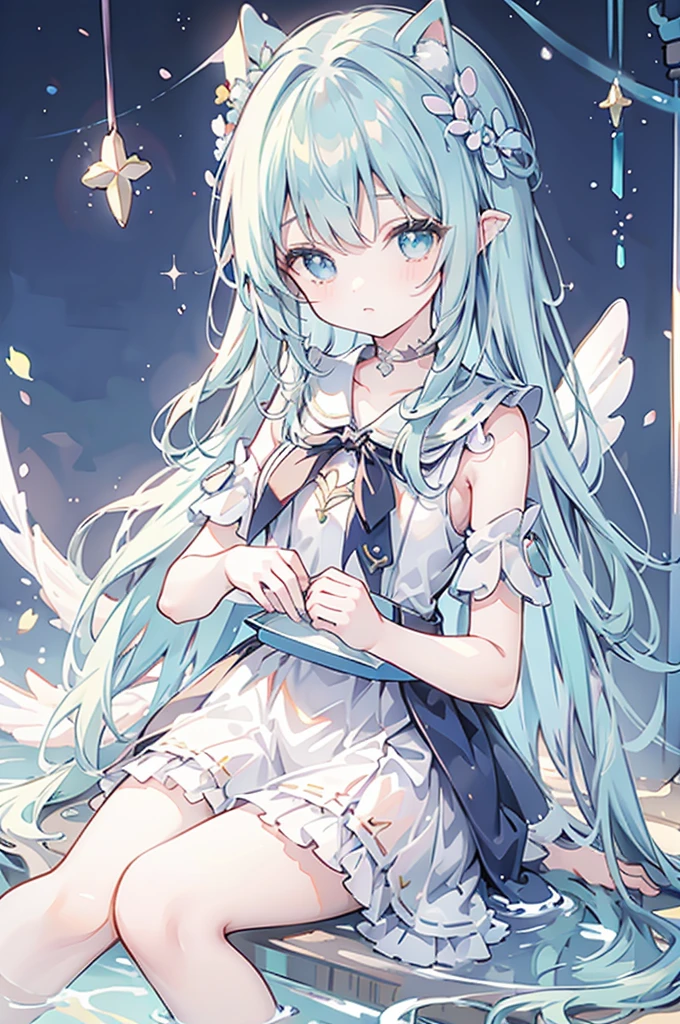 mermaidモチーフのMagical girl、Highest quality、Loriータ、Confused eyes、Primary school students、small、、Young Girl、Water Manipulation Magic、水を司るMagical girl、beautiful girl、cute、Full-body portrait、light blue、Have a koto、Playing the lyre、Clear eyes、pose、Magic Exerciseermaid、Magical girl、front