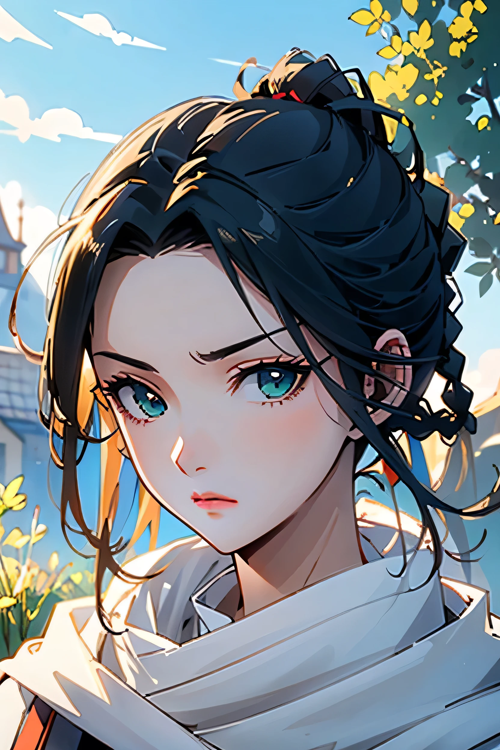 Anime Style, , 8K, Super detailed, Attention to detail, Accurate, masterpiece, Ultra-high resolution, Highest quality, Awards, 4K , One girl, Church, Black Hair, Braiding, ponytail, Green Eyes, Rin々Beautiful eyes, head band, scarf, alone, high quality clothes, Highly detailed clothing, View your viewers, Grass, blue sky, Grass background,
