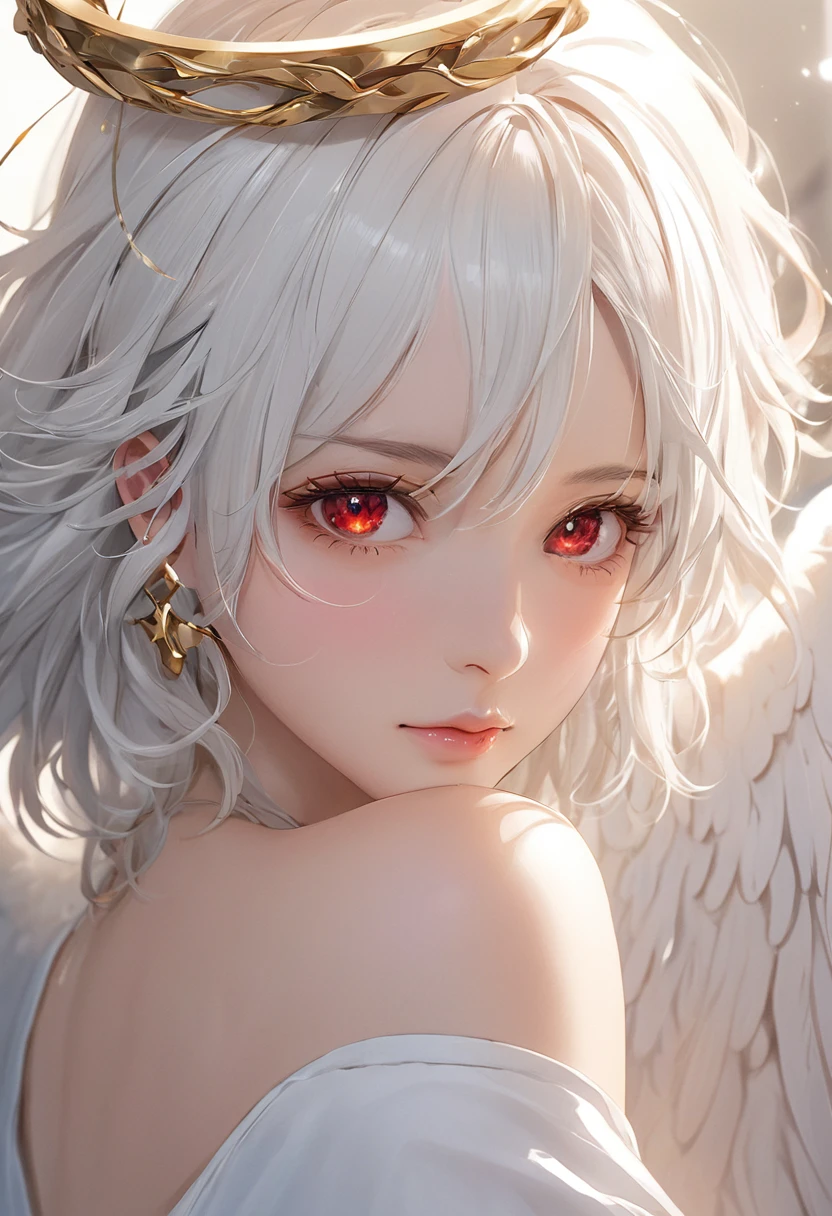 masterpiece , morning , close up , beauty , white hair , red eyes , halo ring angel , 