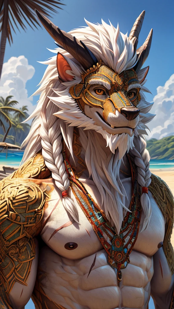 (masterpiece),(highres),(intricate details:1.4),extremely detailed,(illustration:1.2),8k,photorealistic,Anime headshot,exquisite,solo,aged,elder male eastern dragon,muscular,general,(naked upper body:1.4),(white hair:1.3),long hair,braided hair,beard,scar,naked,on the seacoast,beach resort,swimwear,beach,warm sunshine ,smiling face 