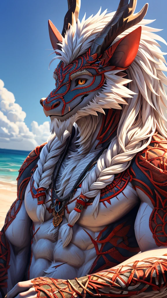 (masterpiece),(highres),(intricate details:1.4),extremely detailed,(illustration:1.2),8k,photorealistic,Anime headshot,exquisite,solo,aged,elder male eastern dragon,muscular,general,(naked upper body:1.4),(white hair:1.3),long hair,braided hair,beard,scar,naked,on the seacoast,beach resort,swimwear,beach,warm sunshine ,smiling face 