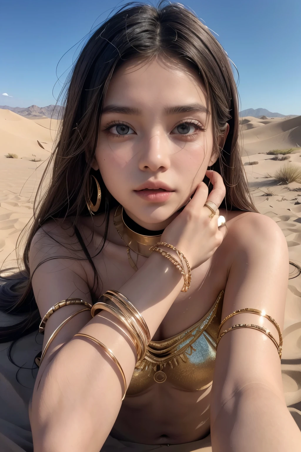 **Digital painting, woman sand particles, beautiful, perfect face, perfect eyes, lying on a sand dune with infinite view in the middle of the desert, long straight hair, futuristic outfit, gold jewelry, detailed desert dune landscape , detailed anklets and bracelets, detailed facial expression, cute and natural skin, realistic, sharp focus, soft light, intricate details, highly detailed, 16k, masterpiece**