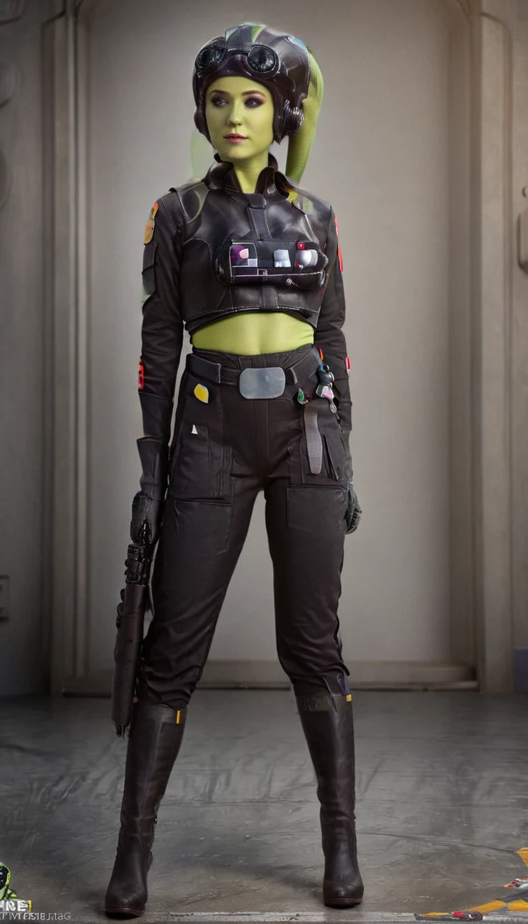 A beautiful sexy , hera syndulla, green skin (detailed realistic,4k,highres,masterpiece:1.2),Tie Pilot uniform
