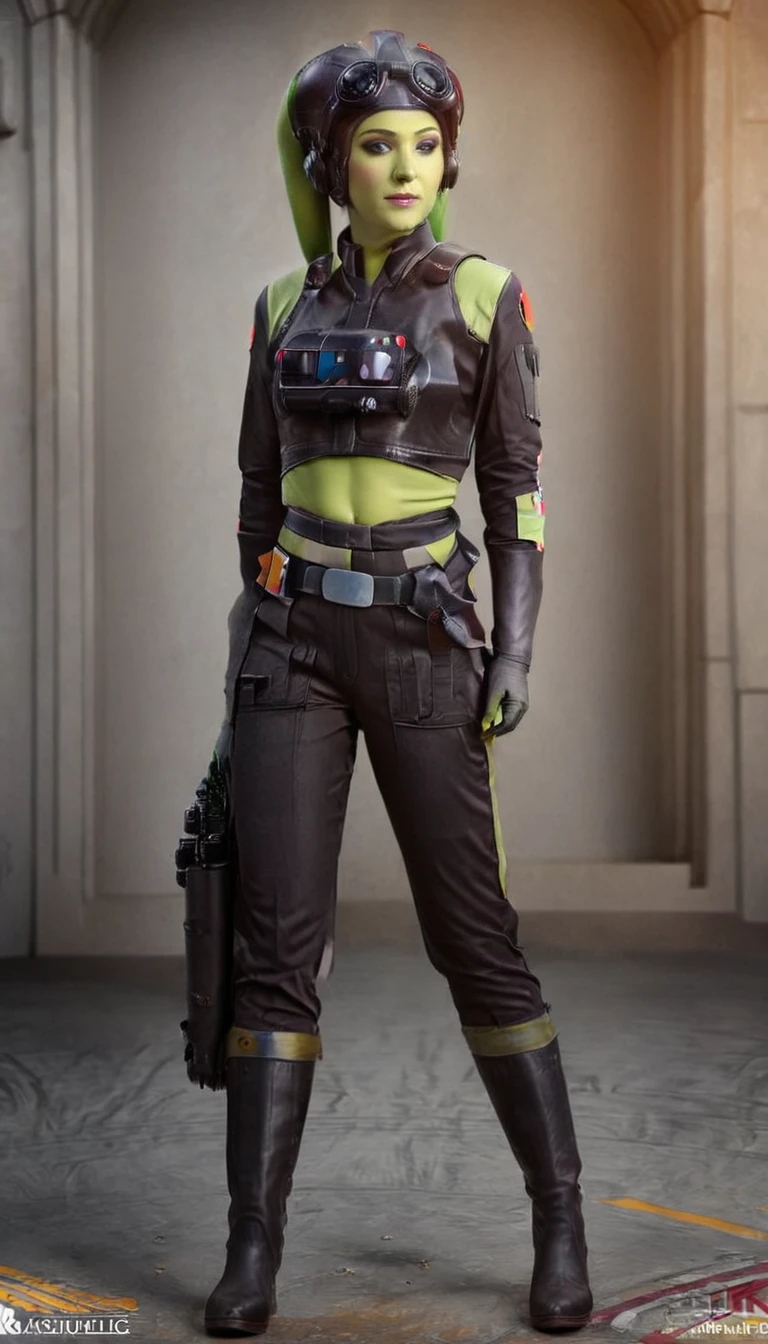 A beautiful sexy , hera syndulla, green skin (detailed realistic,4k,highres,masterpiece:1.2),Tie Pilot uniform
