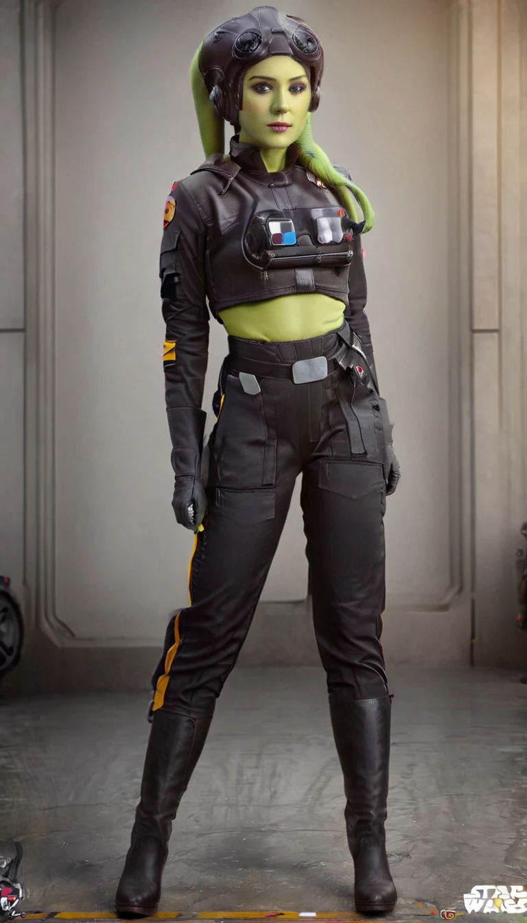 A beautiful sexy , hera syndulla, green skin (detailed realistic,4k,highres,masterpiece:1.2),Tie Pilot uniform
