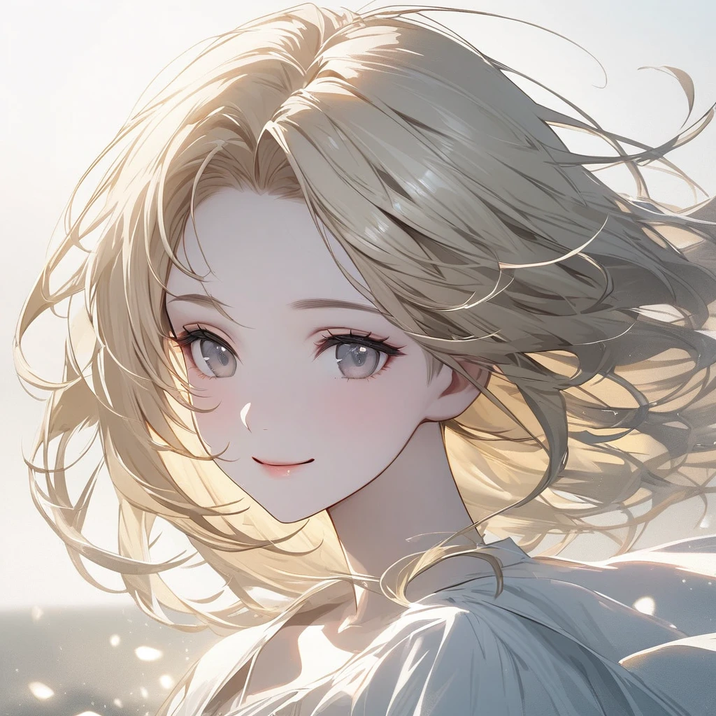 Beautiful, girl, ethereal, face close-up, wind, smiling, pure, simple, light blonde hair, gray eyes, angelical, large forehead, pale skin, delicate 