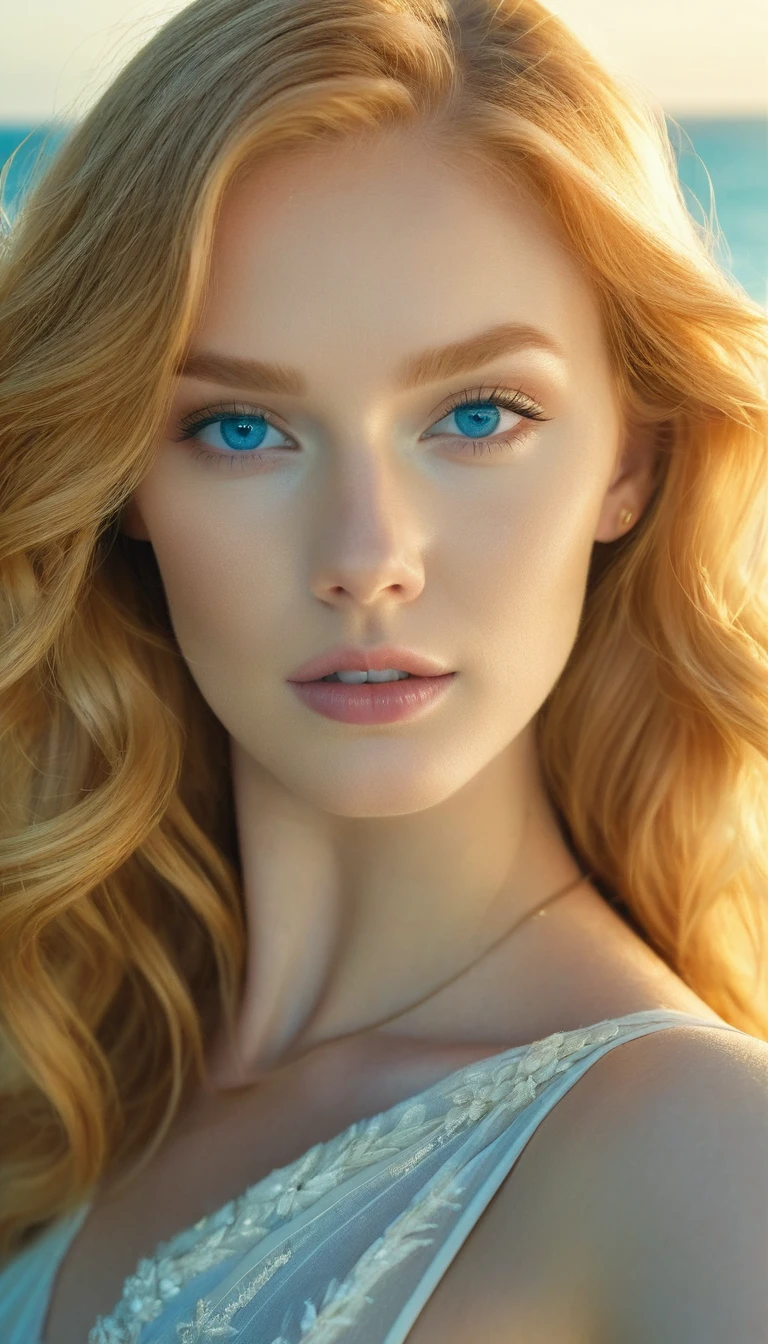 beautiful girl, strawberry blonde hair, gorgeous blue eyes, selfie on balcony at beach, cinematic lighting, ethereal, natural lighting, warm colors, glowing skin, detailed facial features, delicate expression, elegant pose, serene ocean background, golden hour, photorealistic, 8k, hyper detailed, masterpiece