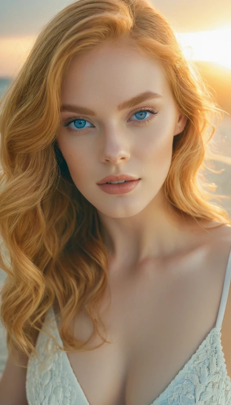 beautiful girl, strawberry blonde hair, gorgeous blue eyes, selfie on balcony at beach, cinematic lighting, ethereal, natural lighting, warm colors, glowing skin, detailed facial features, delicate expression, elegant pose, serene ocean background, golden hour, photorealistic, 8k, hyper detailed, masterpiece