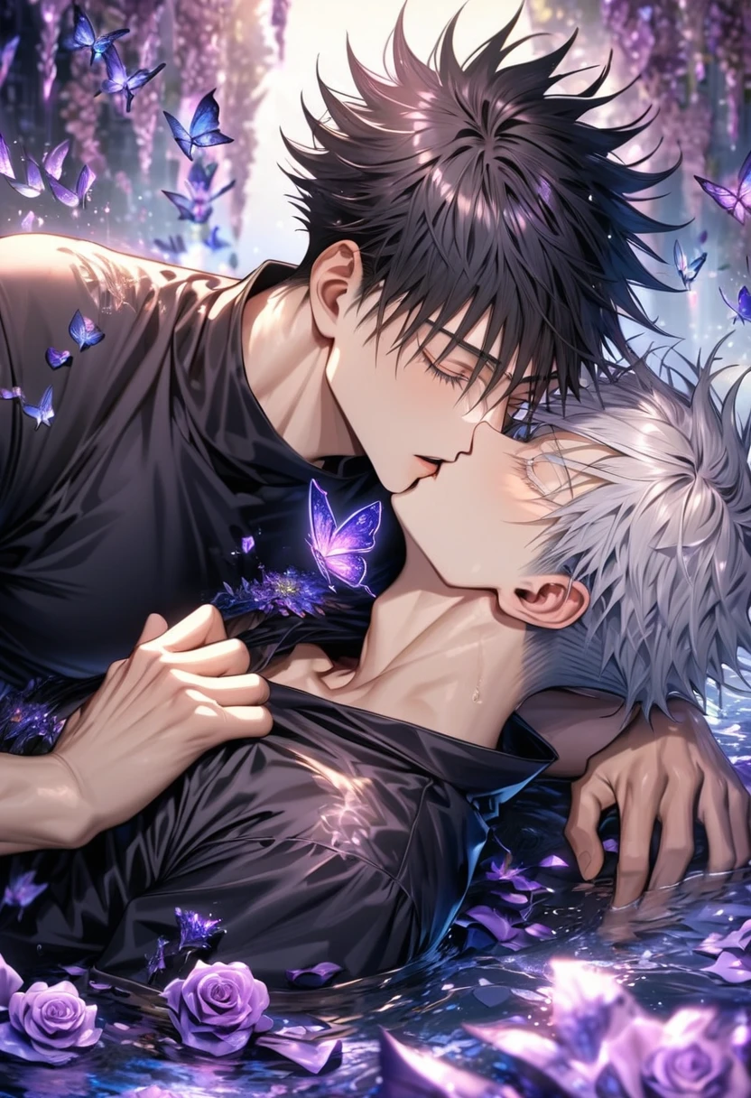 Ultra detailed, HDR, Highres, absurdres, master piece, Gojou Satoru, closed eyes, white hair with bangs, white eyelashes, Fushiguro Megumi, black hair, Jujutsu Kaisen, black shirt, purple glittering butterflies, purple ice, petals, purple ice glass roses, 2 sexy men together, gay couple kissing, love, handsome, glittering, water, fantasy, magical,