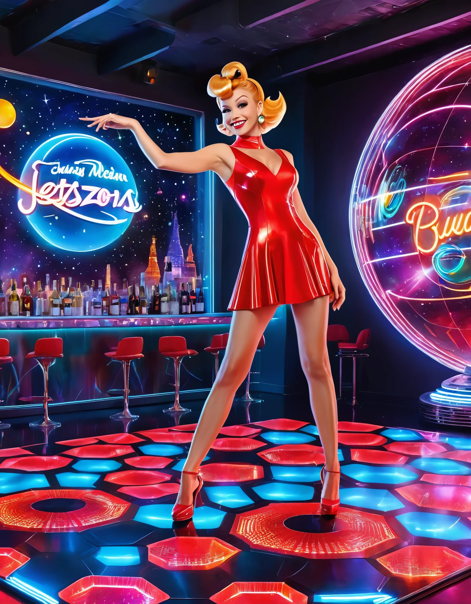 Generate a photo-realistic image of Judy Jetson from 'The Jetsons.' Judy is standing on a sleek and vibrant futuristic dance floor, bathed in colorful neon lights. She's wearing a stunning, form-fitting red dress that complements her futuristic style. Judy is captured mid-dance, with a joyful and captivating smile on her face. Around her, an array of futuristic robots, each with intricate designs and dynamic LED lights, join in the dance, creating a visually captivating atmosphere. On the dance floor, there are futuristic drinks with sparkling effects, adding to the visual spectacle. Through the transparent walls of the dance hall, a breathtaking view of the galaxy unfolds, with stars and planets glistening against the cosmic backdrop. Ensure that the image portrays Judy Jetson and the entire scene with hyper-realistic detail, as if it were a masterful photoshoot.