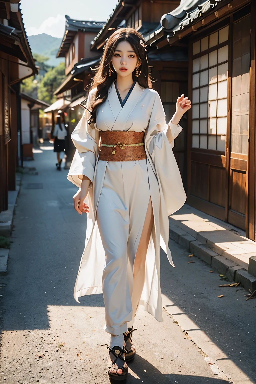 meticulous portrayal of face,1 noblewoman,(Hairpins),(Camellia kimono),(Long flowing colored hair),Simple and elegant Japanese clothing,Collar,(black sock+,clogs), s the perfect face, perfect hand, Perfect Finger, Perfect lips, perfect eyes,Extremely normal body,Ancient Japanese town background,Perfect background,Beautiful nipples,Slim legs and hips,