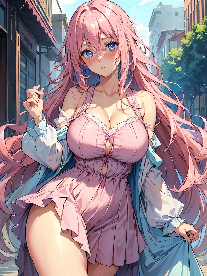 handsome girl,blue-eyes,blue pupils,Long pink hair,Hyperresolution,accuracy,Detailed rendering,(Subtle facial image)(Image of fine hair)(topquality)(Masterpieces of masters)(High degree of completeness)(A sense of atmosphere)tmasterpiece,Super detailed and super detailed(half-body portrait), long wavy pink hair, (((tHICK WAVY HAIR)))(((ANKLE LENGTH HAIR)))(((Blushing)))(((Huge breasts)))(((LARGER BREASTS))) large breasts, bigger breasts (((Bigger breasts))) (((Blushing))) (((Sakimichan))) (((Pink hair))) (((cute outfit)))(((Casual full outfit)))(((Dressed up))) (((Covered up))) (((Casual dress)))
