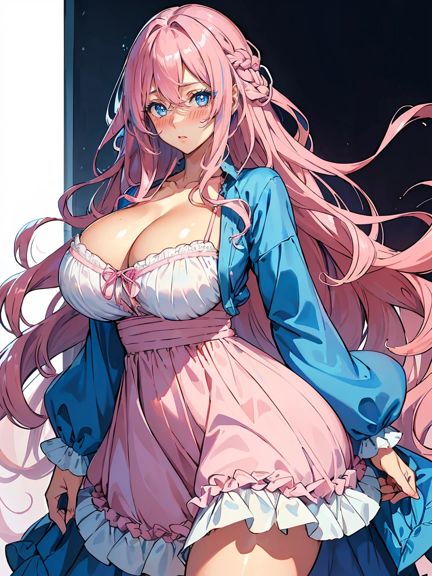 handsome girl，blue-eyes，blue pupils，Long pink hair，Hyperresolution，accuracy，Detailed rendering，（Subtle facial image）（Image of fine hair）（topquality）（Masterpieces of masters）（High degree of completeness）（A sense of atmosphere）tmasterpiece，Super detailed and super detailed（half-body portrait), long wavy pink hair, (((tHICK WAVY HAIR)))(((ANKLE LENGTH HAIR)))(((Blushing)))(((Huge breasts)))(((LARGER BREASTS))) large breasts, bigger breasts (((Bigger breasts))) (((Blushing))) (((Sakimichan))) (((Pink hair))) (((cute outfit)))(((Casual full outfit)))(((Dressed up))) (((Covered up))) (((Casual dress)))