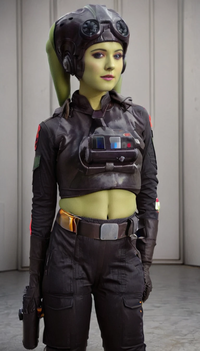 A beautiful sexy , hera syndulla, green skin (detailed realistic,4k,highres,masterpiece:1.2),((((Tie Pilot uniform))))
