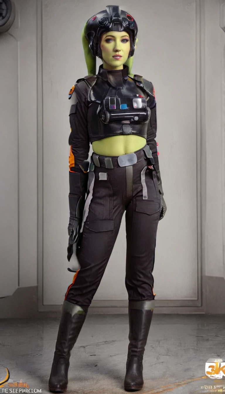A beautiful sexy , hera syndulla, green skin (detailed realistic,4k,highres,masterpiece:1.2),((((Tie Pilot uniform))))