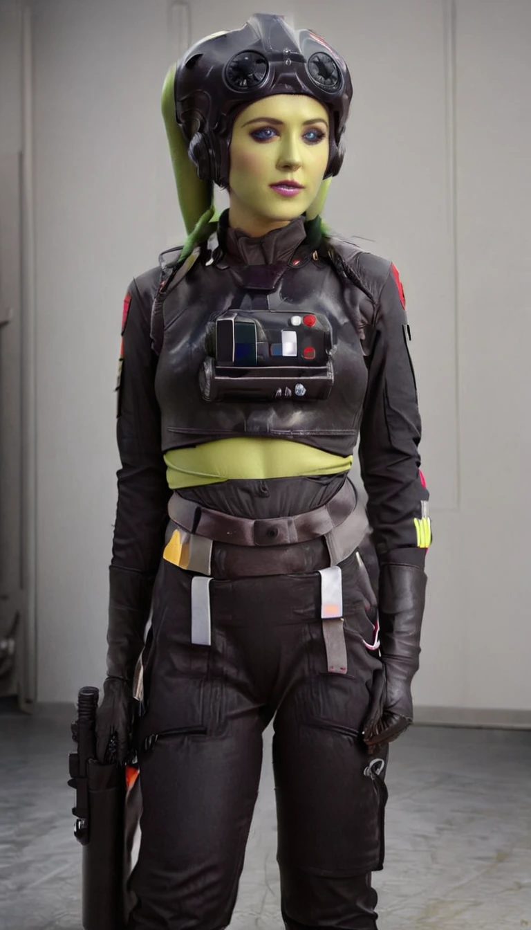 A beautiful sexy , hera syndulla, green skin (detailed realistic,4k,highres,masterpiece:1.2),((((Tie Pilot uniform))))