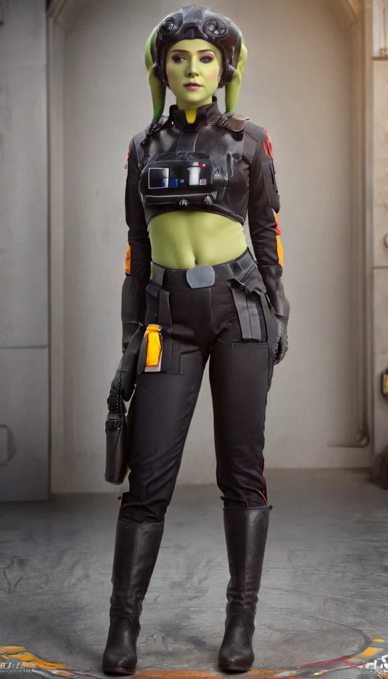 A beautiful sexy , hera syndulla, green skin (detailed realistic,4k,highres,masterpiece:1.2),((((Tie Pilot uniform))))
